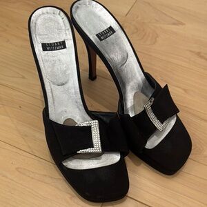 Stuart Weitzman Black Heeled Sandals,  Rhinestone Buckle Detail small, narrow 8